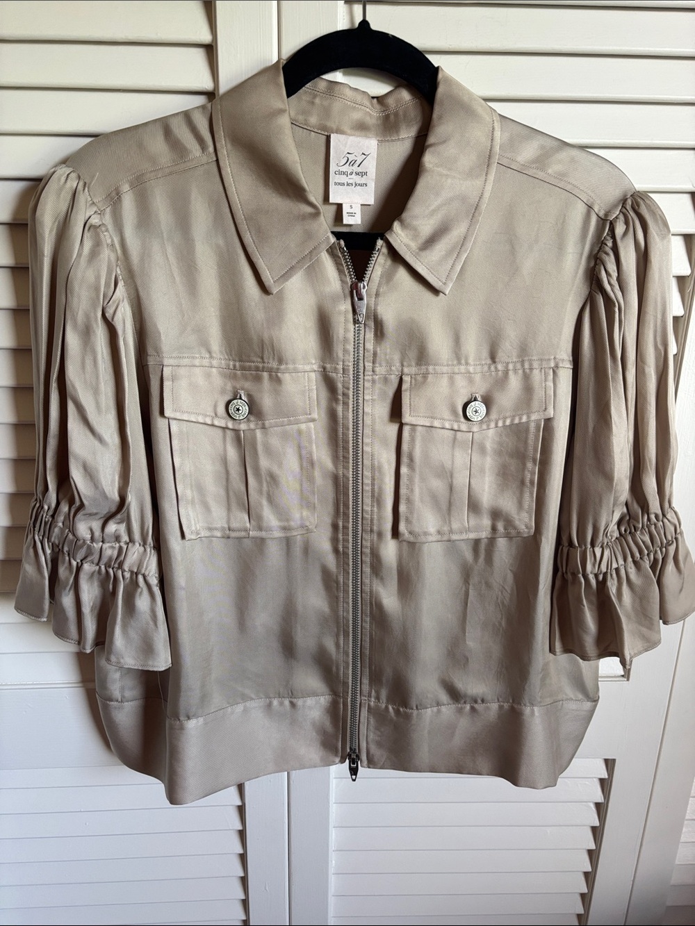 cinq a sept Beige Zip-Front Utility Jacket with Ruched Sleeves